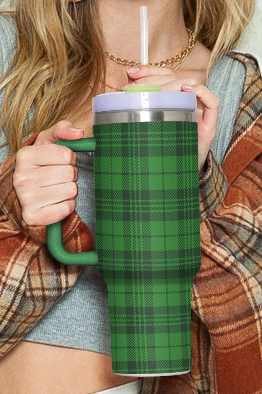 Shewin Dark Green Plaid Print Stainless Steel Tumbler With Lid for Women