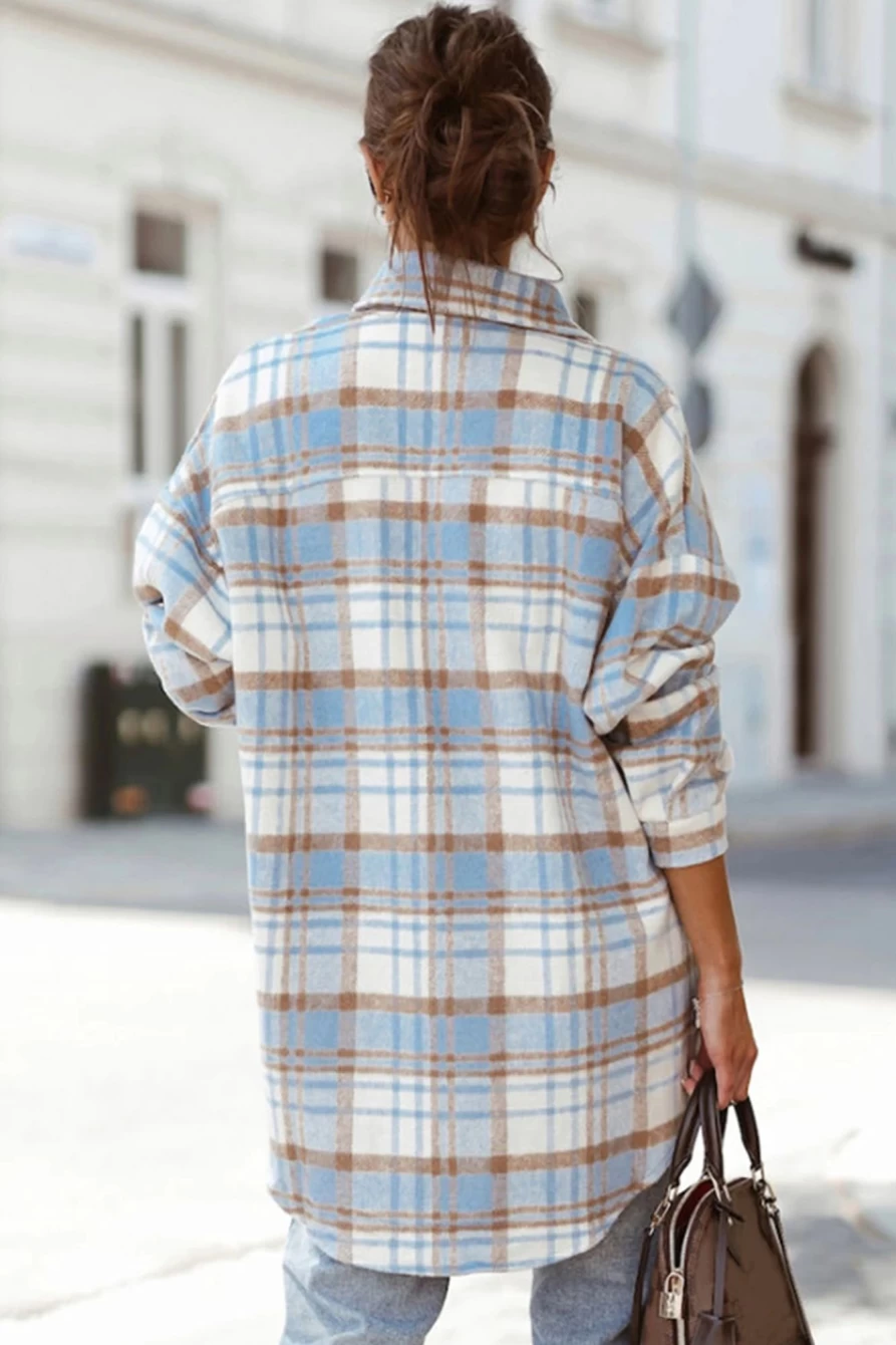 Women's Sky Blue Plaid Flap Pocket Long Sleeve Shacket by Shewin