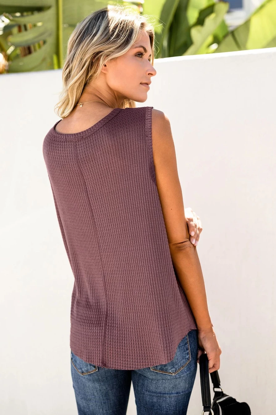 Shewin Women's Red Crew Neck Waffle Rib-Knit Tank Top - Basic Casual Sleeveless Shirt