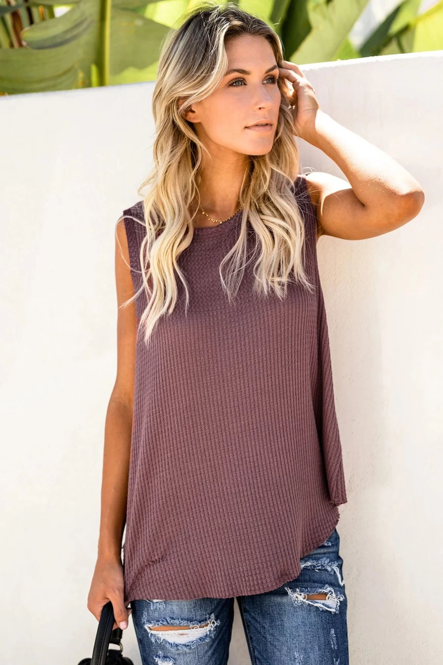 Shewin Women's Red Crew Neck Waffle Rib-Knit Tank Top - Basic Casual Sleeveless Shirt