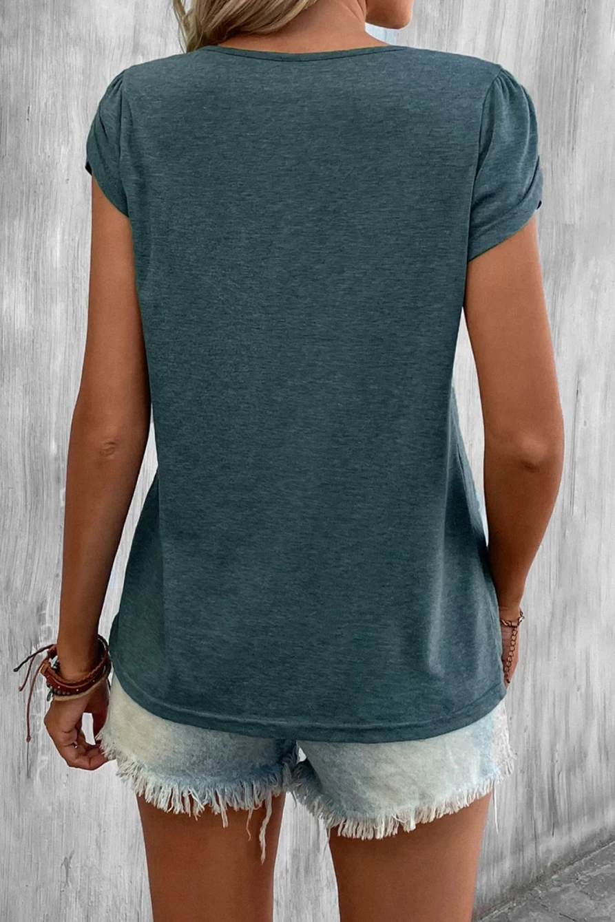Shewin Women's Blue Casual Cutout Neck Dark Solid Color T-Shirt