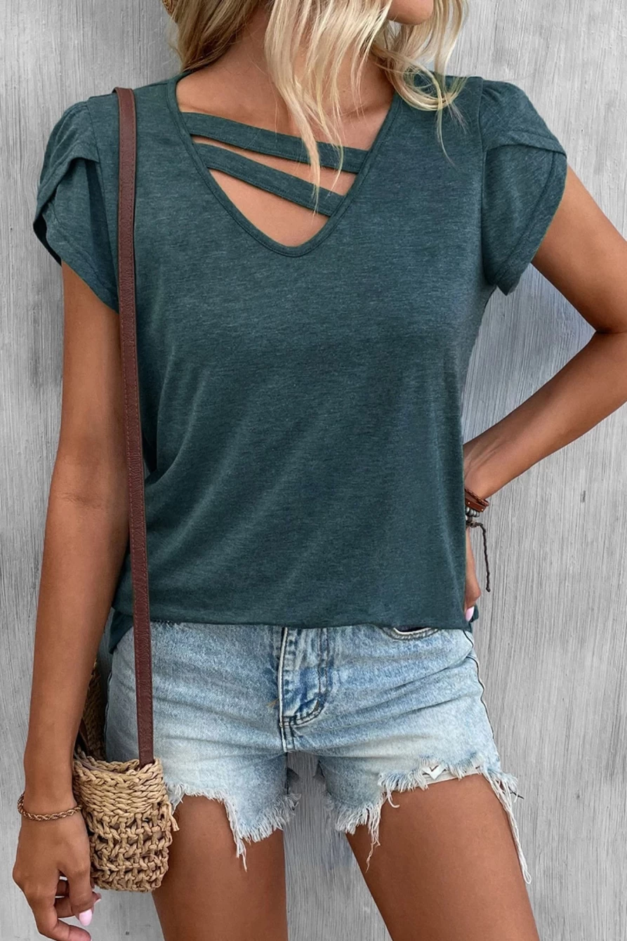 Shewin Women's Blue Casual Cutout Neck Dark Solid Color T-Shirt