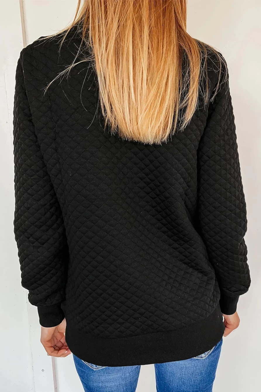 Women's Black Stand Collar Quilted Snap Button Sweatshirt by Shewin