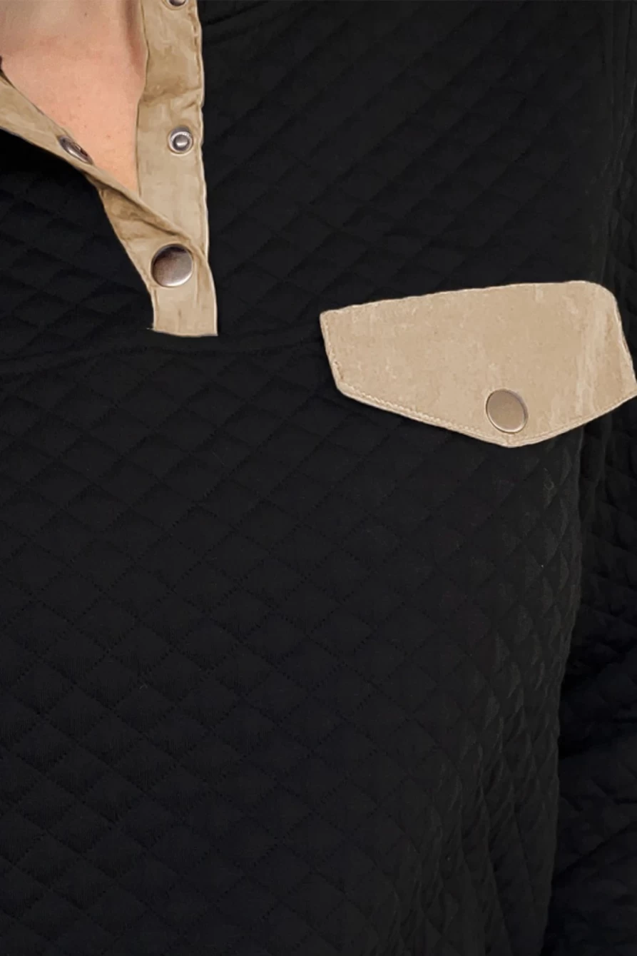Women's Black Stand Collar Quilted Snap Button Sweatshirt by Shewin