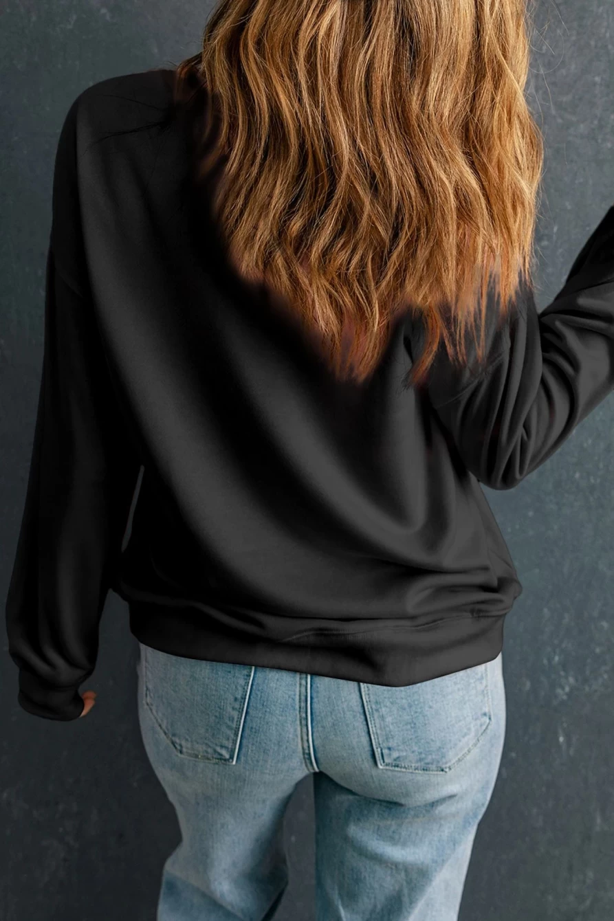 Shewin Women's Black Classic Solid Color Crewneck Pullover Sweatshirt