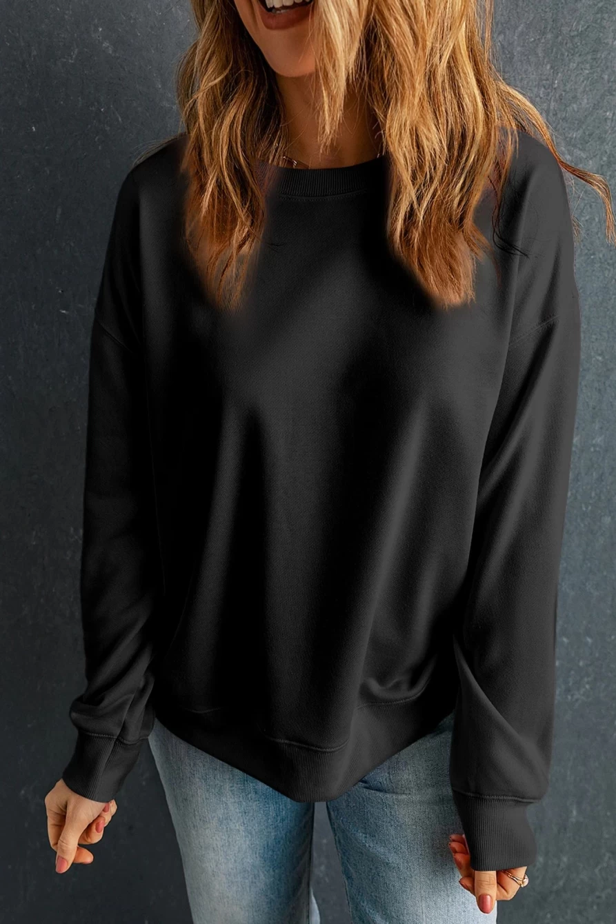 Shewin Women's Black Classic Solid Color Crewneck Pullover Sweatshirt