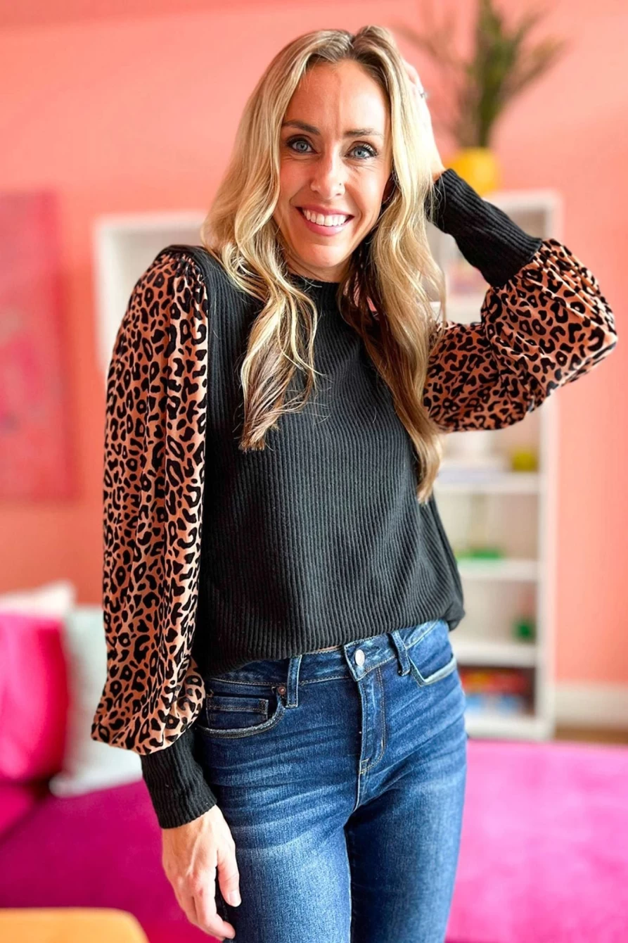 Shewin Women's Black Leopard Print Long Sleeve Ribbed Knit Blouse Top