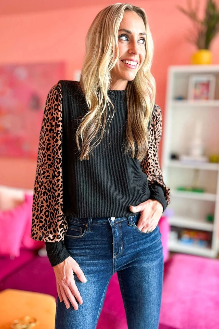Shewin Women's Black Leopard Print Long Sleeve Ribbed Knit Blouse Top