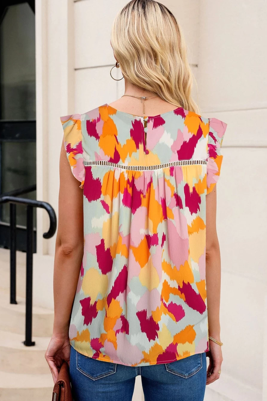 Shewin Women's Multicolor Abstract Print Flutter Sleeveless Top