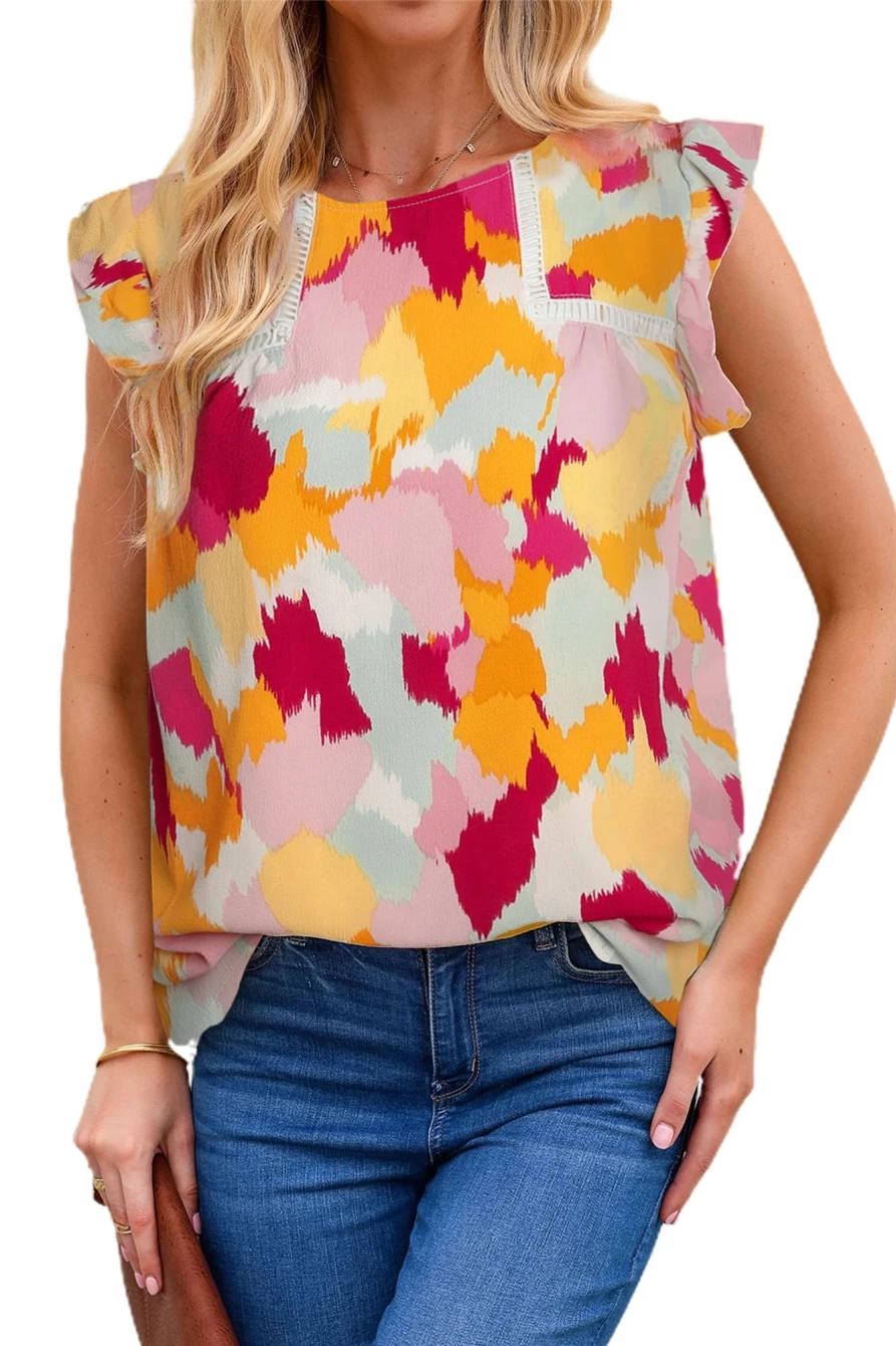 Shewin Women's Multicolor Abstract Print Flutter Sleeveless Top