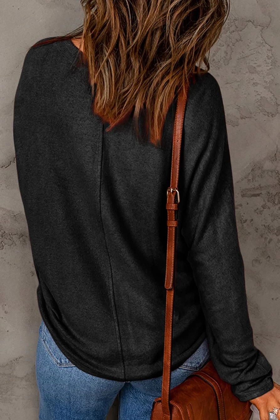 Shewin Women's Black Casual Long Sleeve Henley Top with Pocket