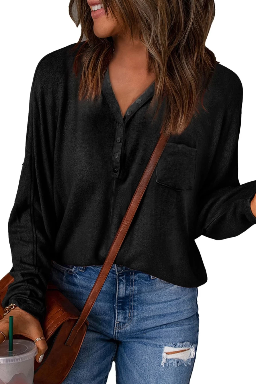 Shewin Women's Black Casual Long Sleeve Henley Top with Pocket