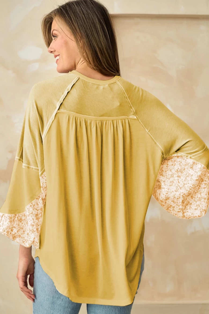 Shewin Women's Beige Floral Patchwork Blouse with Lantern Sleeves