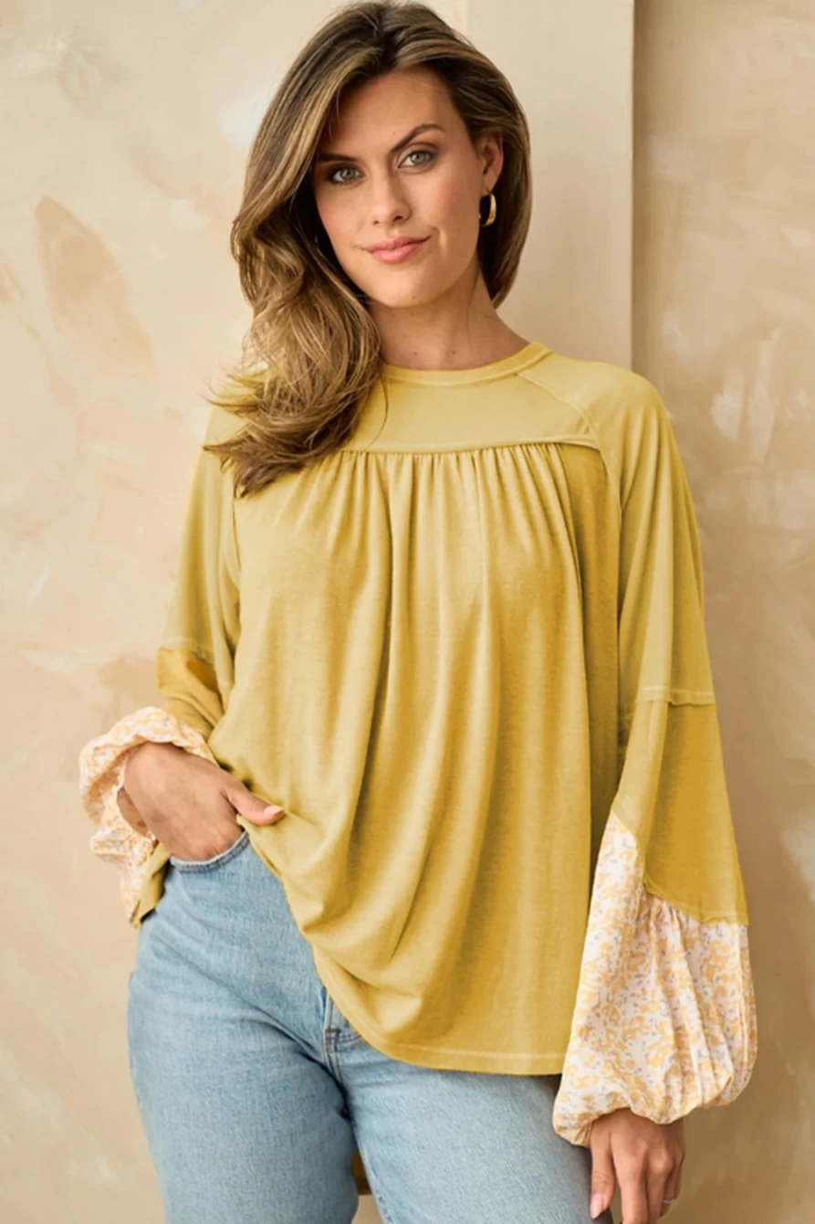 Shewin Women's Beige Floral Patchwork Blouse with Lantern Sleeves