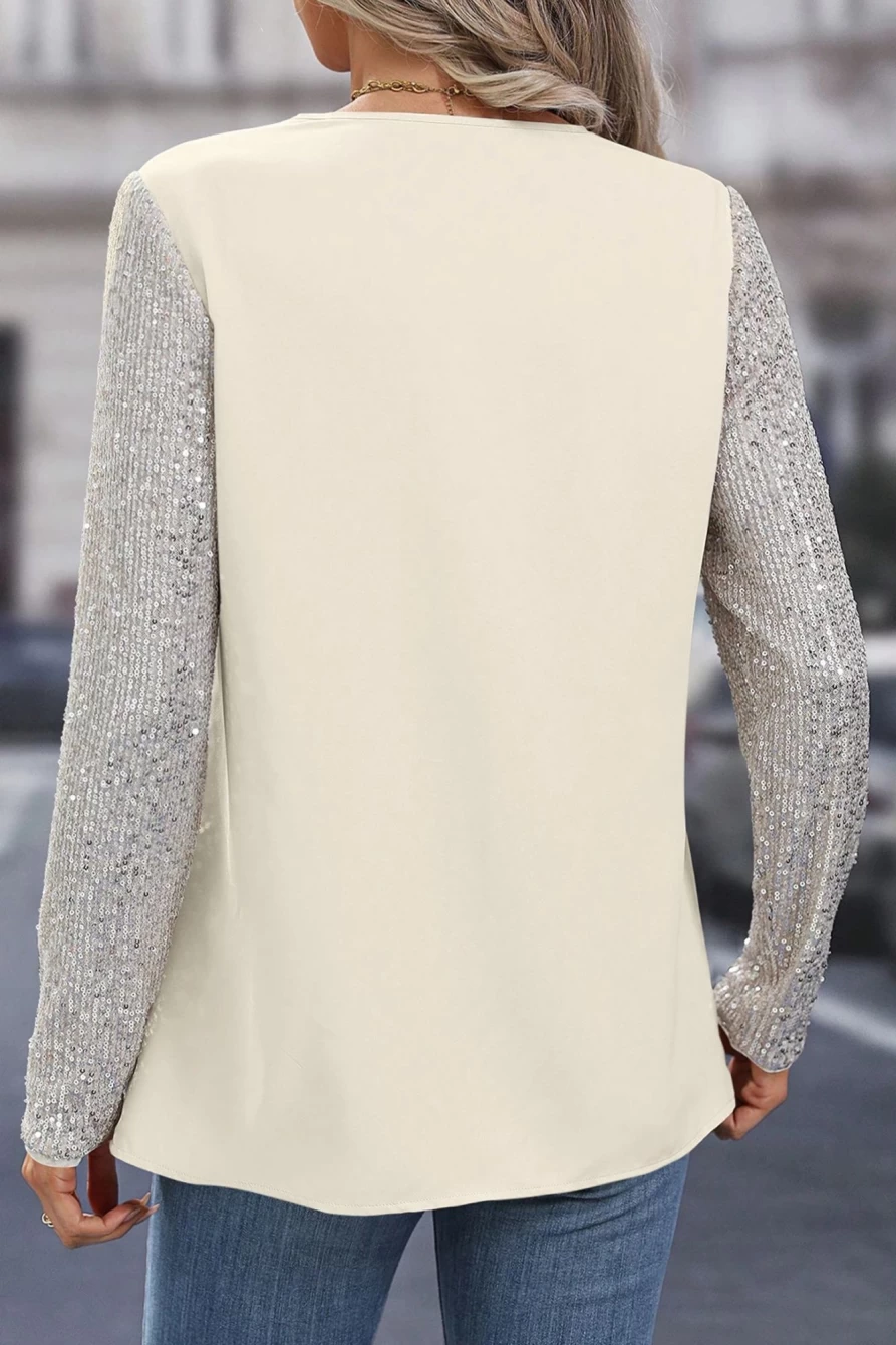 Shewin Women's White Sequins & Patchwork V-Neck Blouse with Sleeve Details