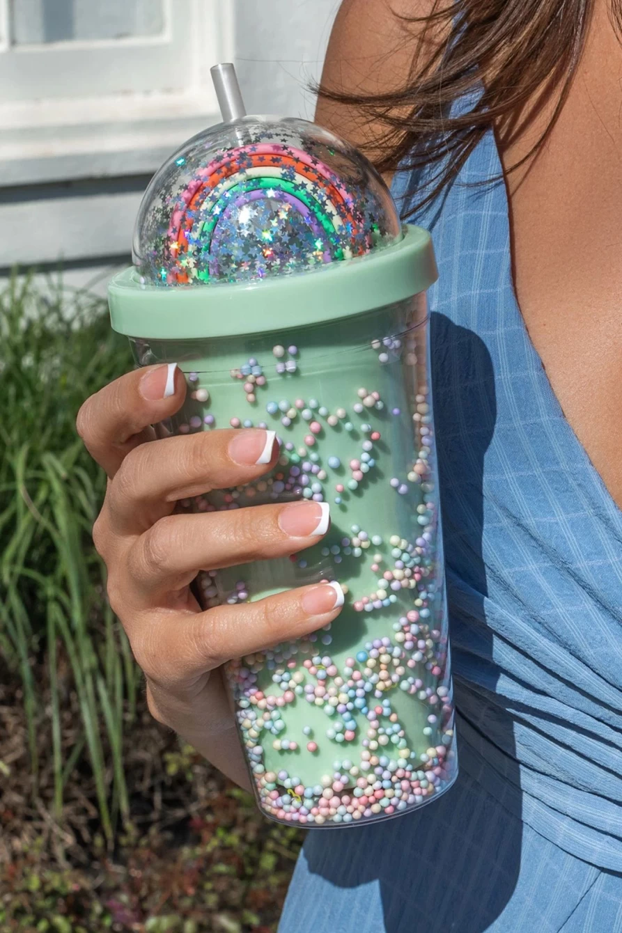 Shewin Green 550ML Reusable Glitter Rainbow Bubble Water Tumbler for Women