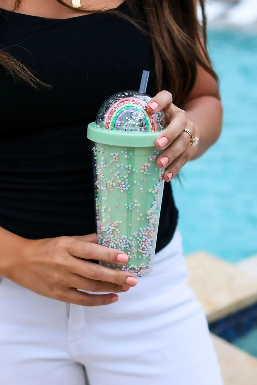 Shewin Green 550ML Reusable Glitter Rainbow Bubble Water Tumbler for Women