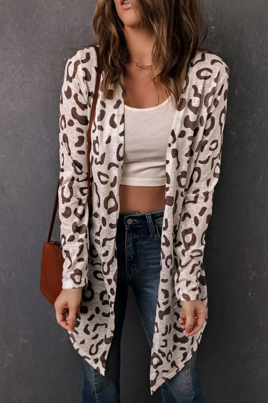 Shewin Women's Khaki Leopard Print Open Front Casual Cardigan Sweater