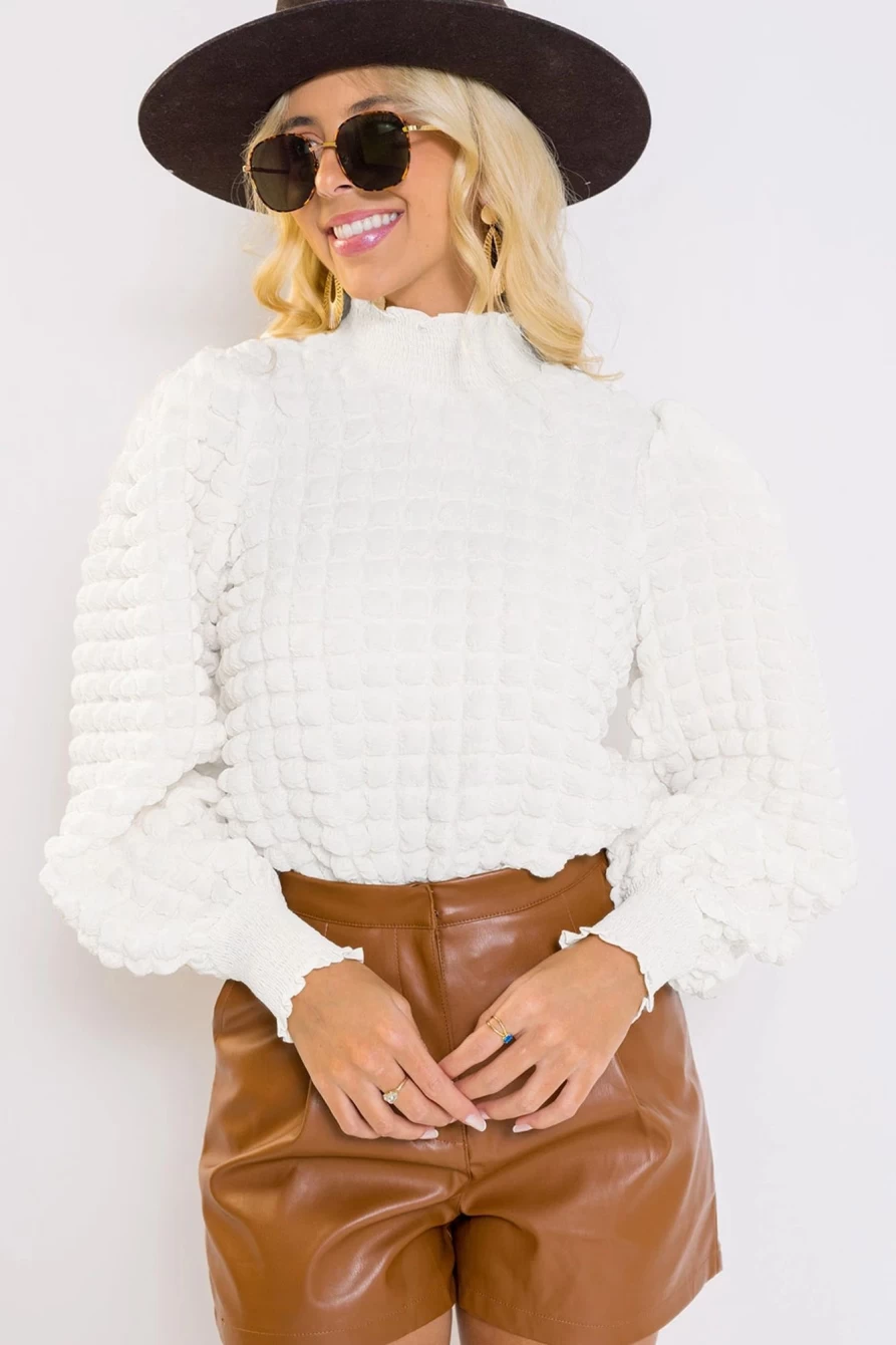 Shewin Women's White Textured Smocked Mock Neck Puff Sleeve Blouse
