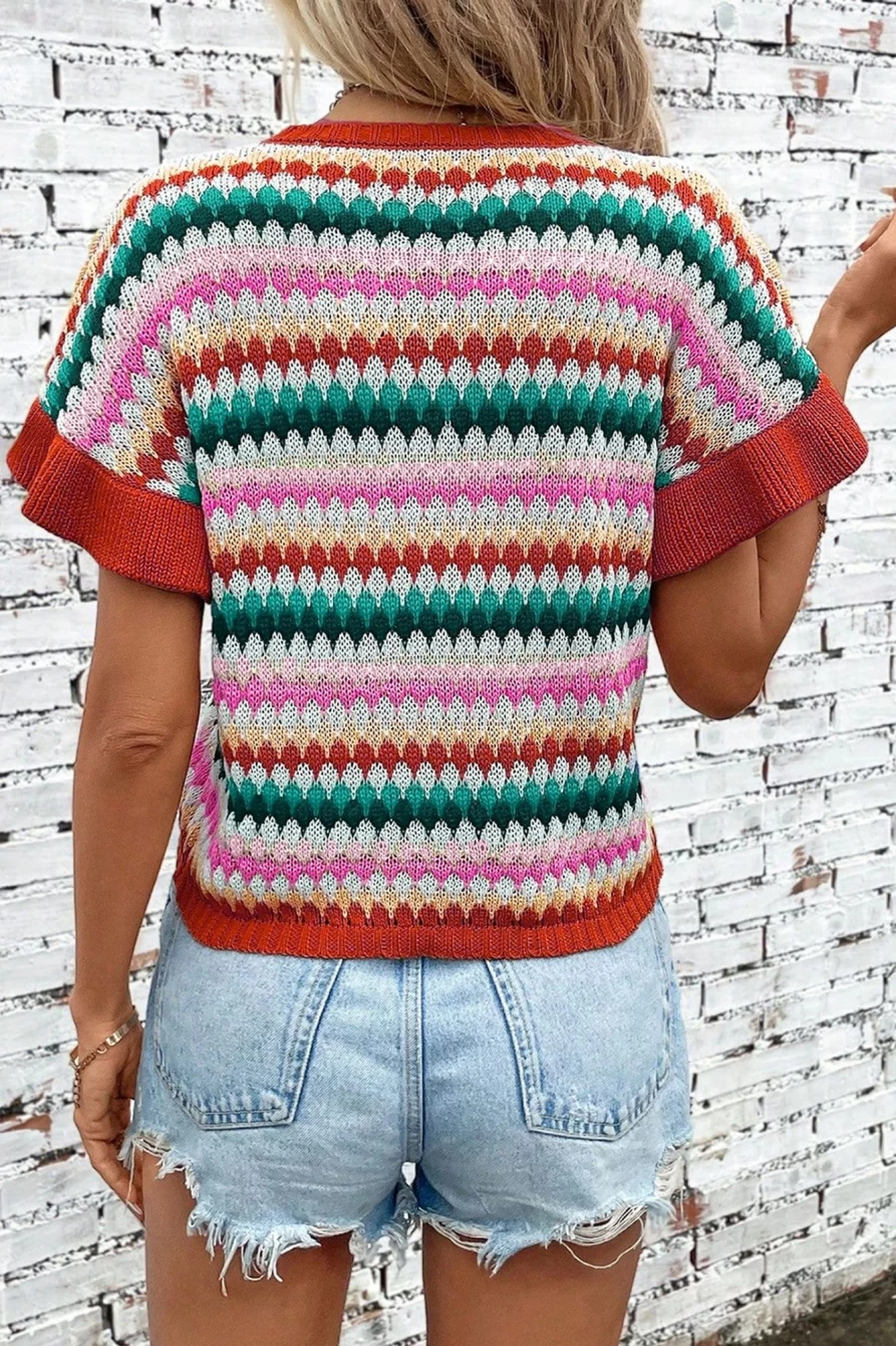 "SheWin Women's Fiery Red Colorblock Striped Knit Top with Ruffle Sleeves"