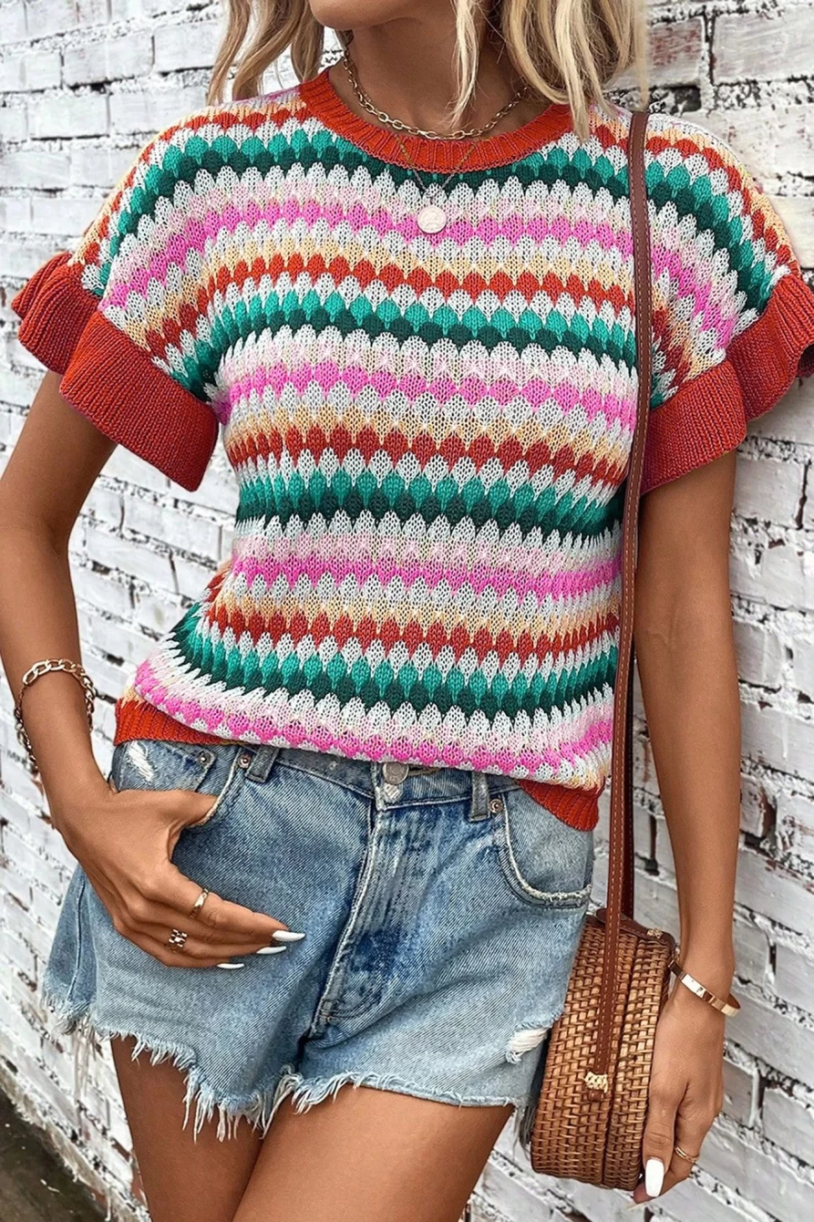"SheWin Women's Fiery Red Colorblock Striped Knit Top with Ruffle Sleeves"