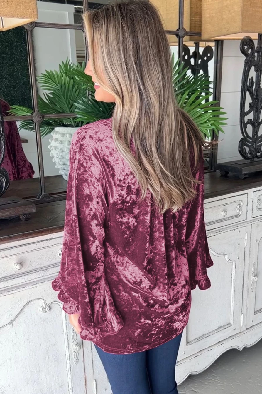 Shewin Women's Red Dahlia Velvet Blouse with Ruffle Bell Sleeves and Loose Fit