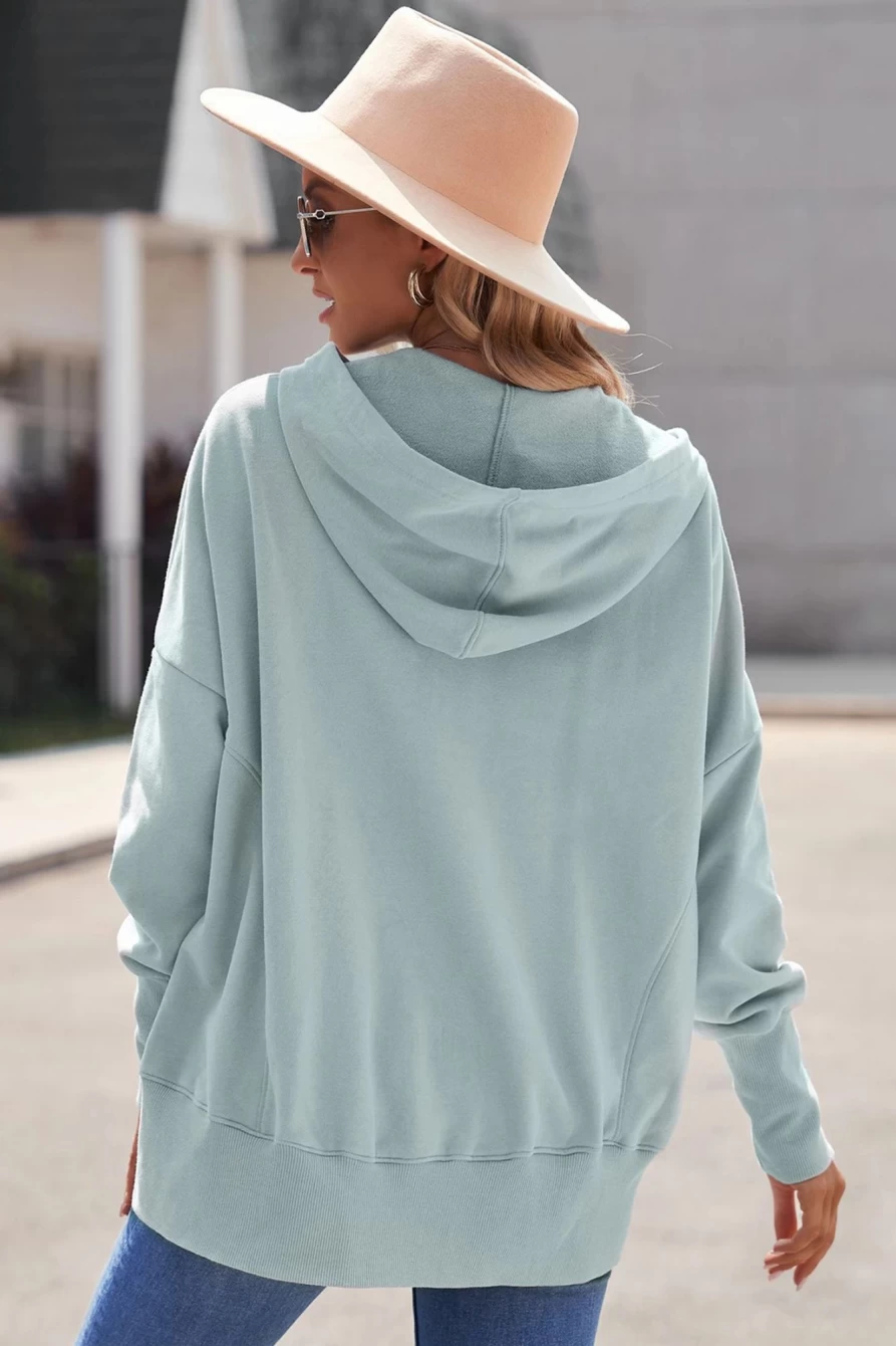 Women's Gray Batwing Sleeve Pocket Henley Hoodie - Shewin Casual Pullover Sweatshirt