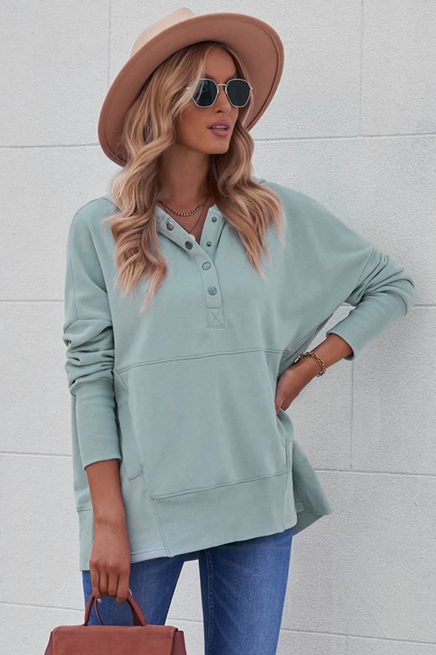 Women's Gray Batwing Sleeve Pocket Henley Hoodie - Shewin Casual Pullover Sweatshirt