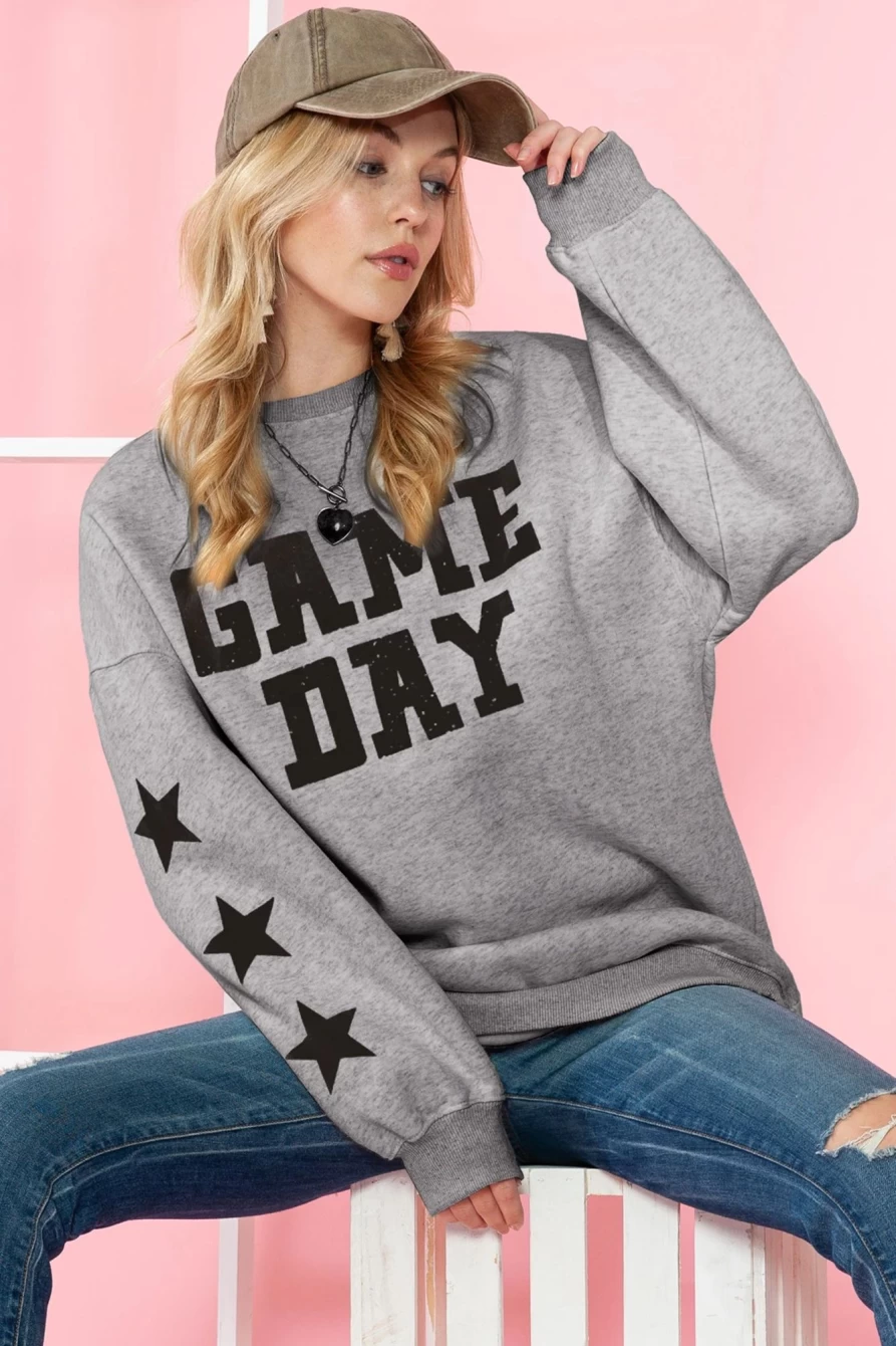 Shewin Women's Black Star Sleeve Sweatshirt - Game Day Lettering Print Pullover