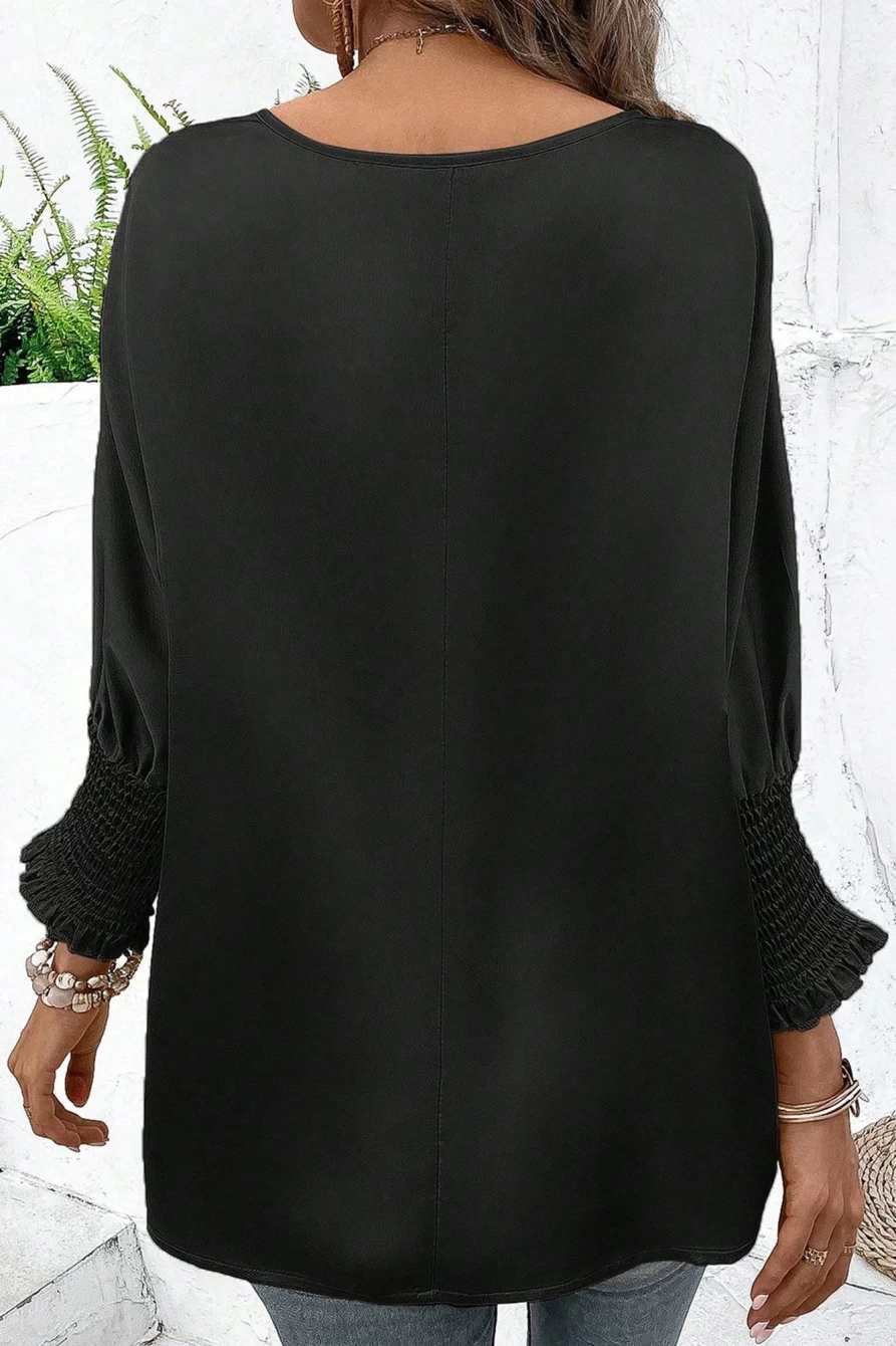 Shewin Women's Black Smocked Dolman Sleeve Satin Blouse