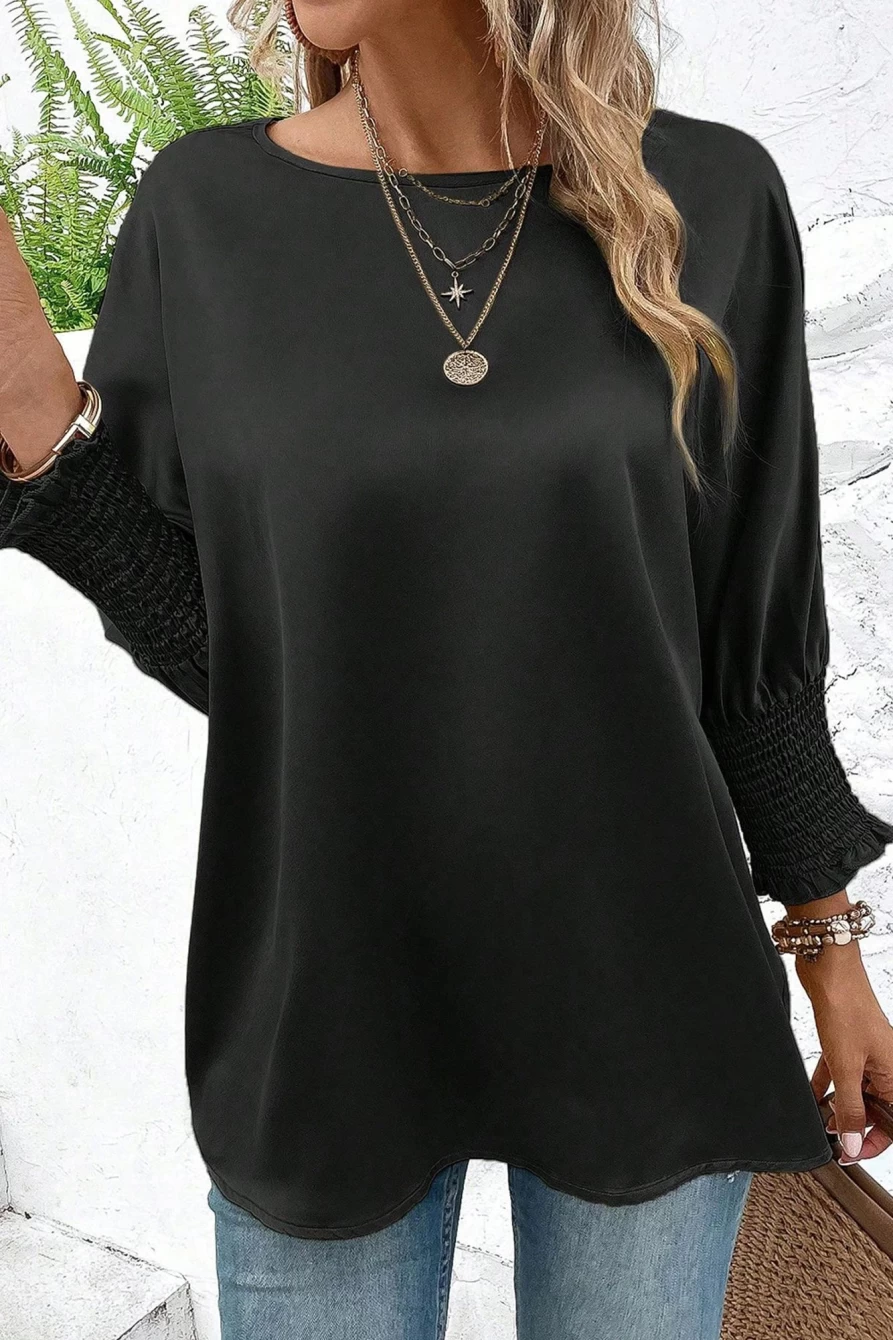 Shewin Women's Black Smocked Dolman Sleeve Satin Blouse
