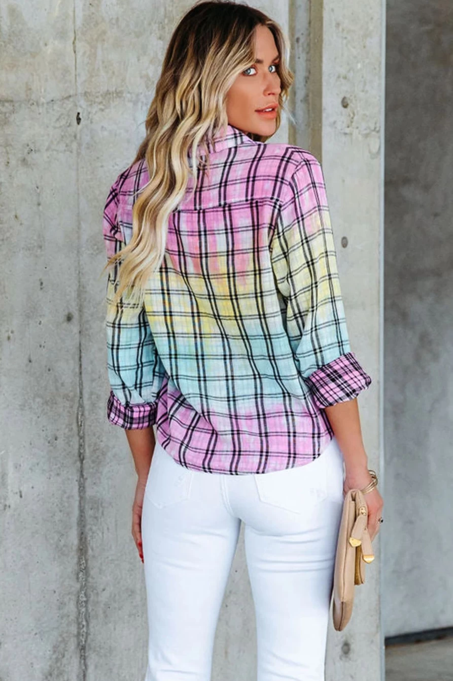 Women's Multicolor Plaid Print Tie-Dye Button-Up Shirt by Shewin