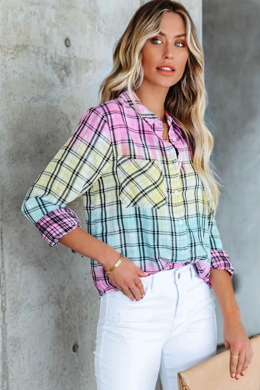 Women's Multicolor Plaid Print Tie-Dye Button-Up Shirt by Shewin
