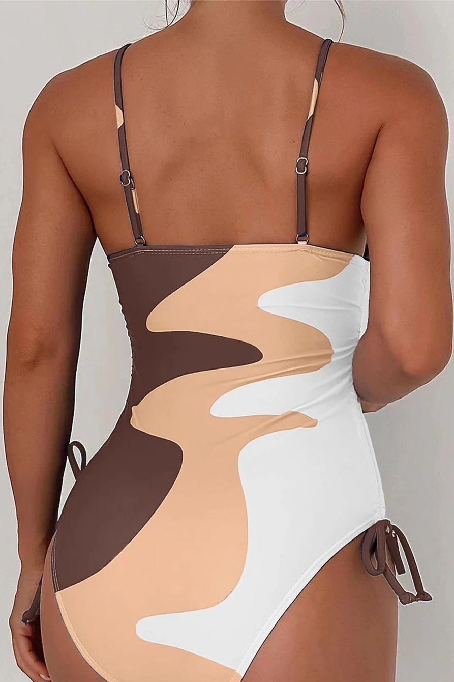 Women's Khaki Printed Color Block One Piece Swimsuit with Drawstring Sides | SHEWIN