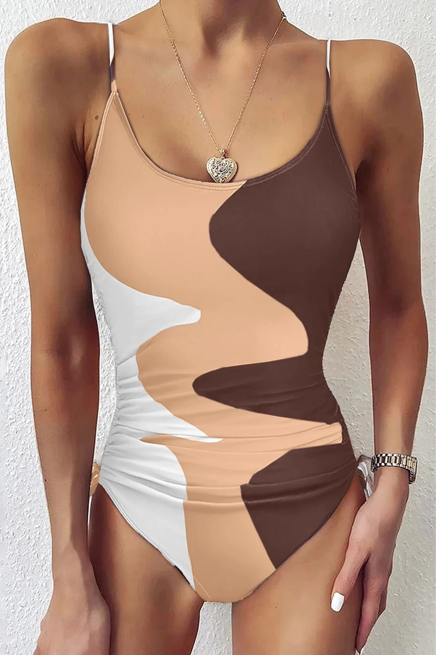 Women's Khaki Printed Color Block One Piece Swimsuit with Drawstring Sides | SHEWIN