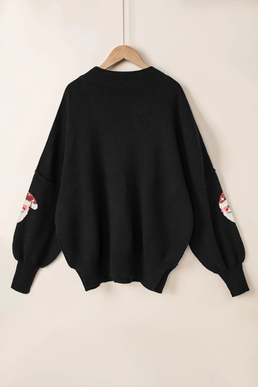 Shewin Women's Black Sequined Santa Claus Bishop Sleeve Christmas Sweater