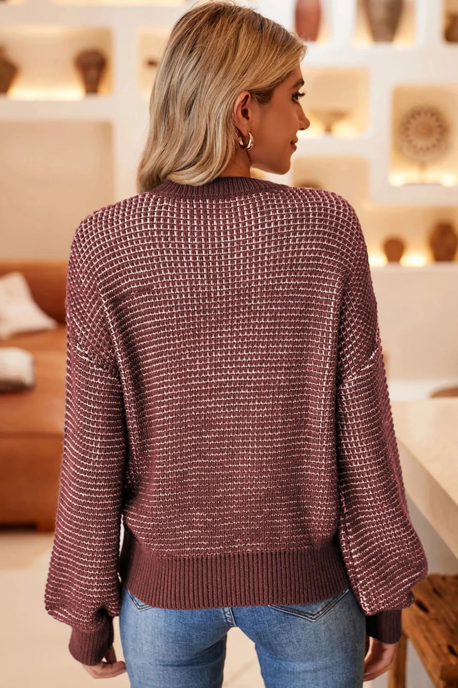 Shewin Women's Red Heather Knit Drop Shoulder Lantern Sleeve Sweater