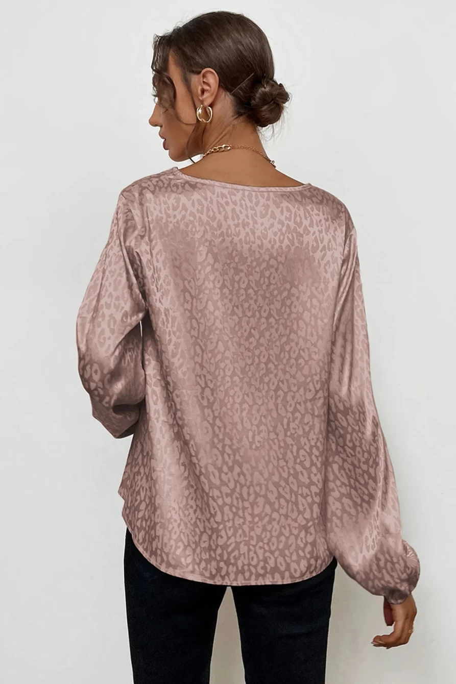 Shewin Women's Pink Leopard Print Silk Blouse - V Neck Long Sleeve Top