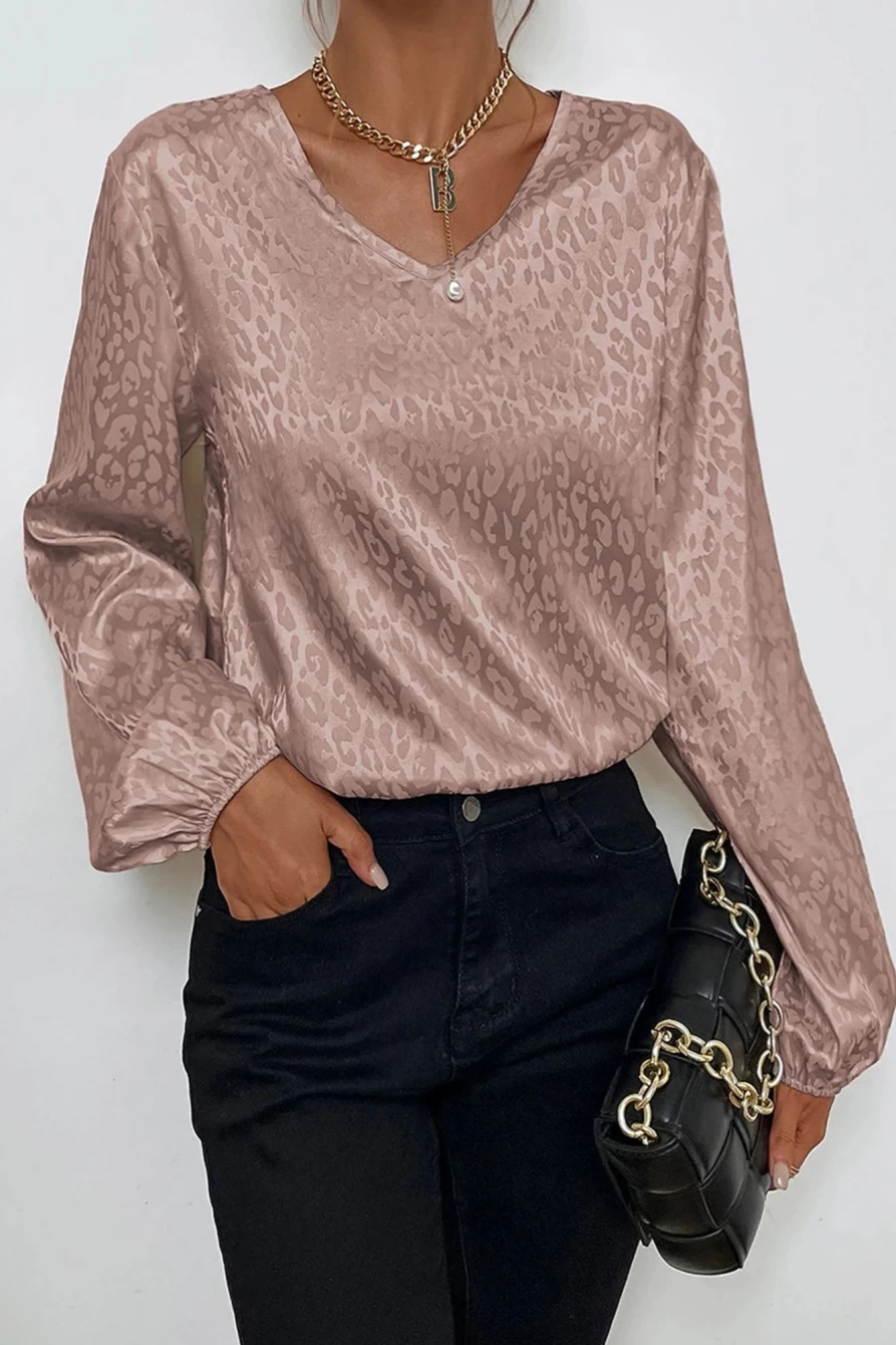 Shewin Women's Pink Leopard Print Silk Blouse - V Neck Long Sleeve Top