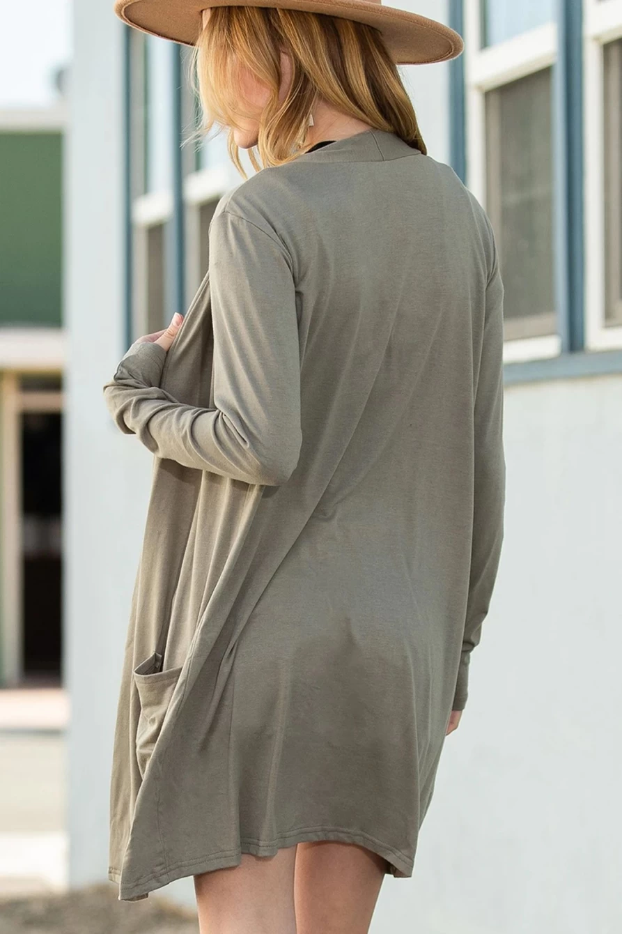 Women's Sage Green Solid Color Slouchy Tunic Cardigan with Pockets - Shewin
