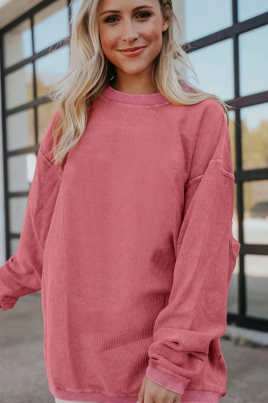 Shewin Women's Strawberry Pink Drop Sleeve Ribbed Oversized Sweatshirt