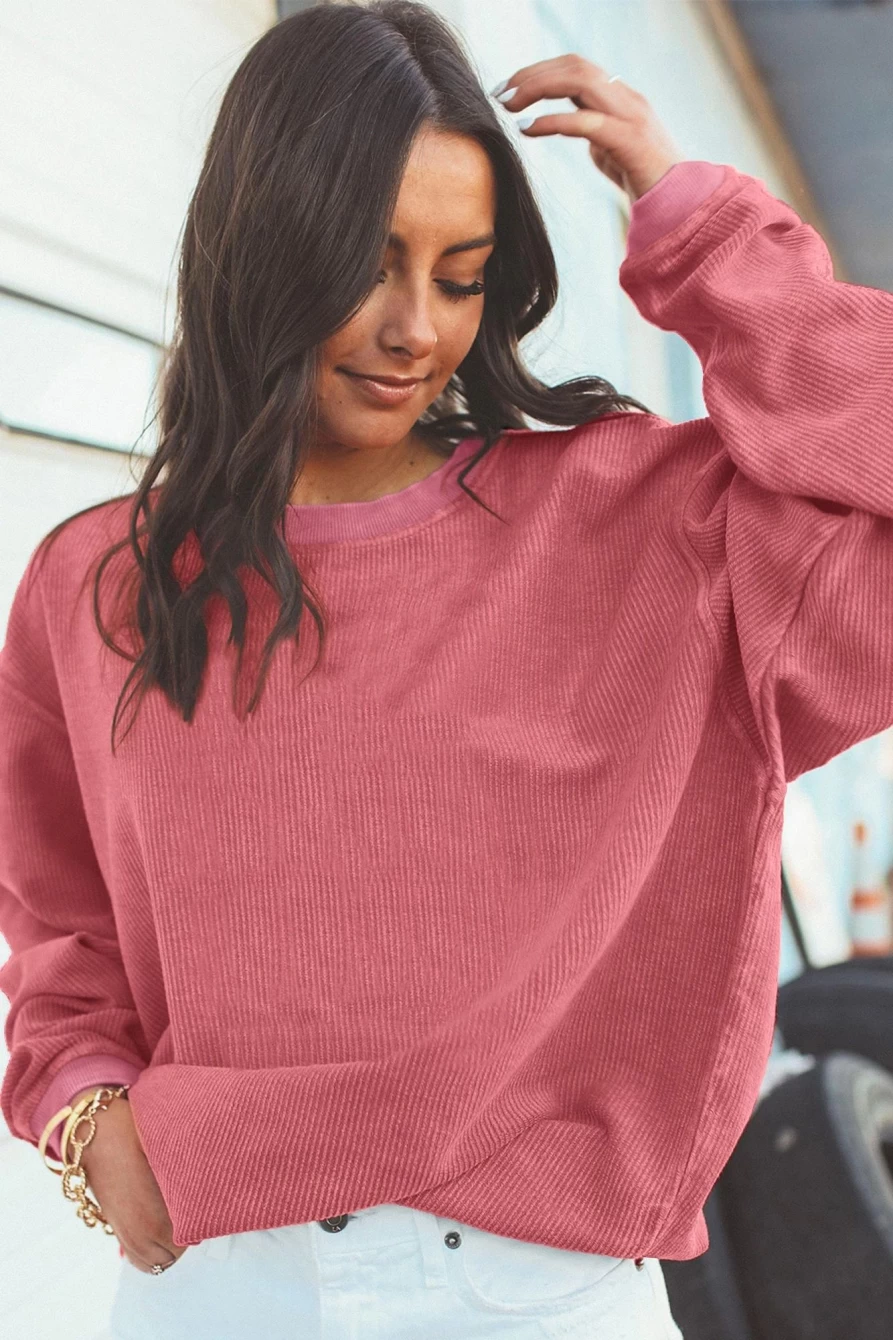Shewin Women's Strawberry Pink Drop Sleeve Ribbed Oversized Sweatshirt