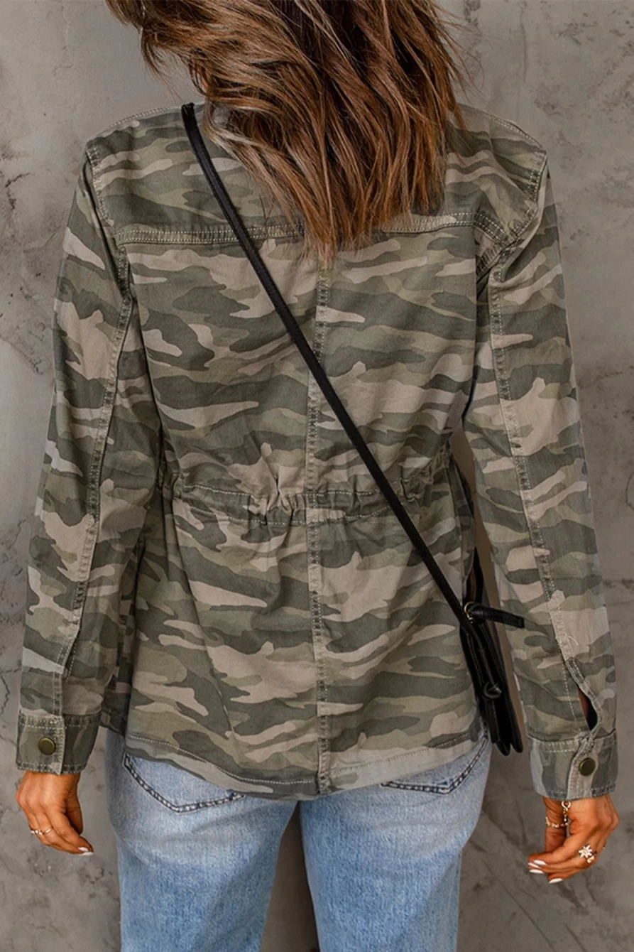 Shewin Women's Green Camo Print Button Up Jacket with Pockets