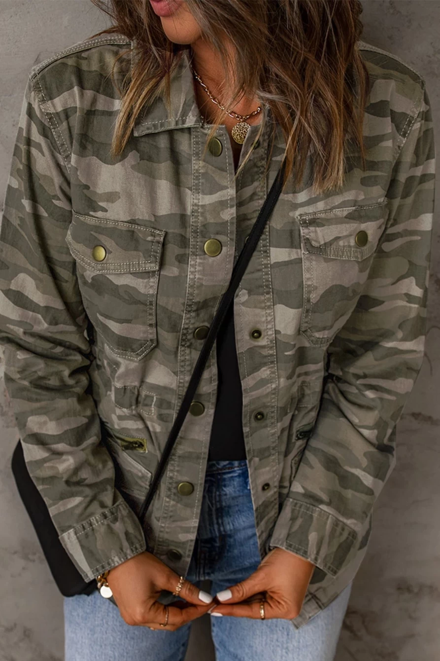 Shewin Women's Green Camo Print Button Up Jacket with Pockets