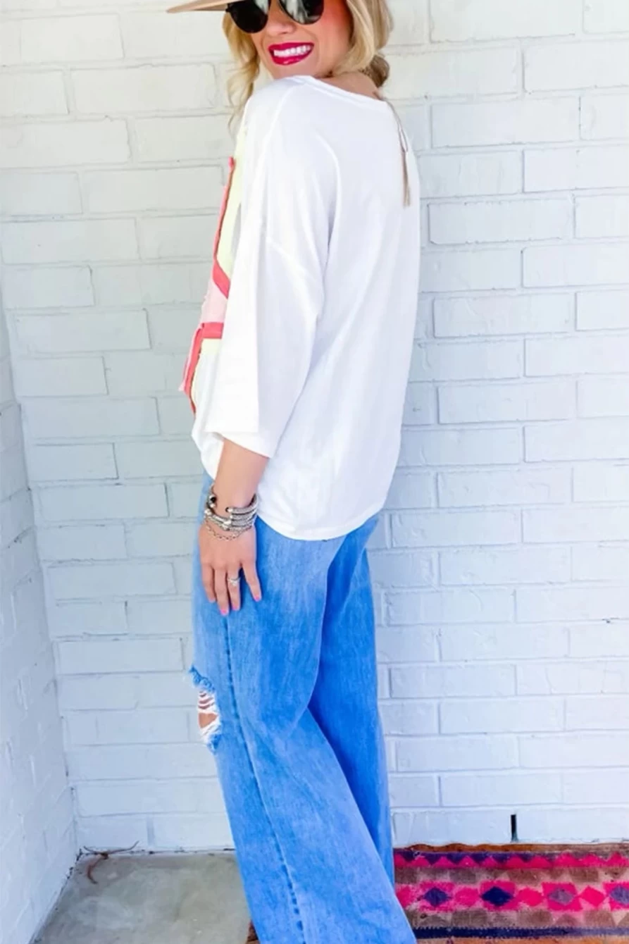 Shewin Women's White Colorblock Star Patched Oversized Half Sleeve Tee
