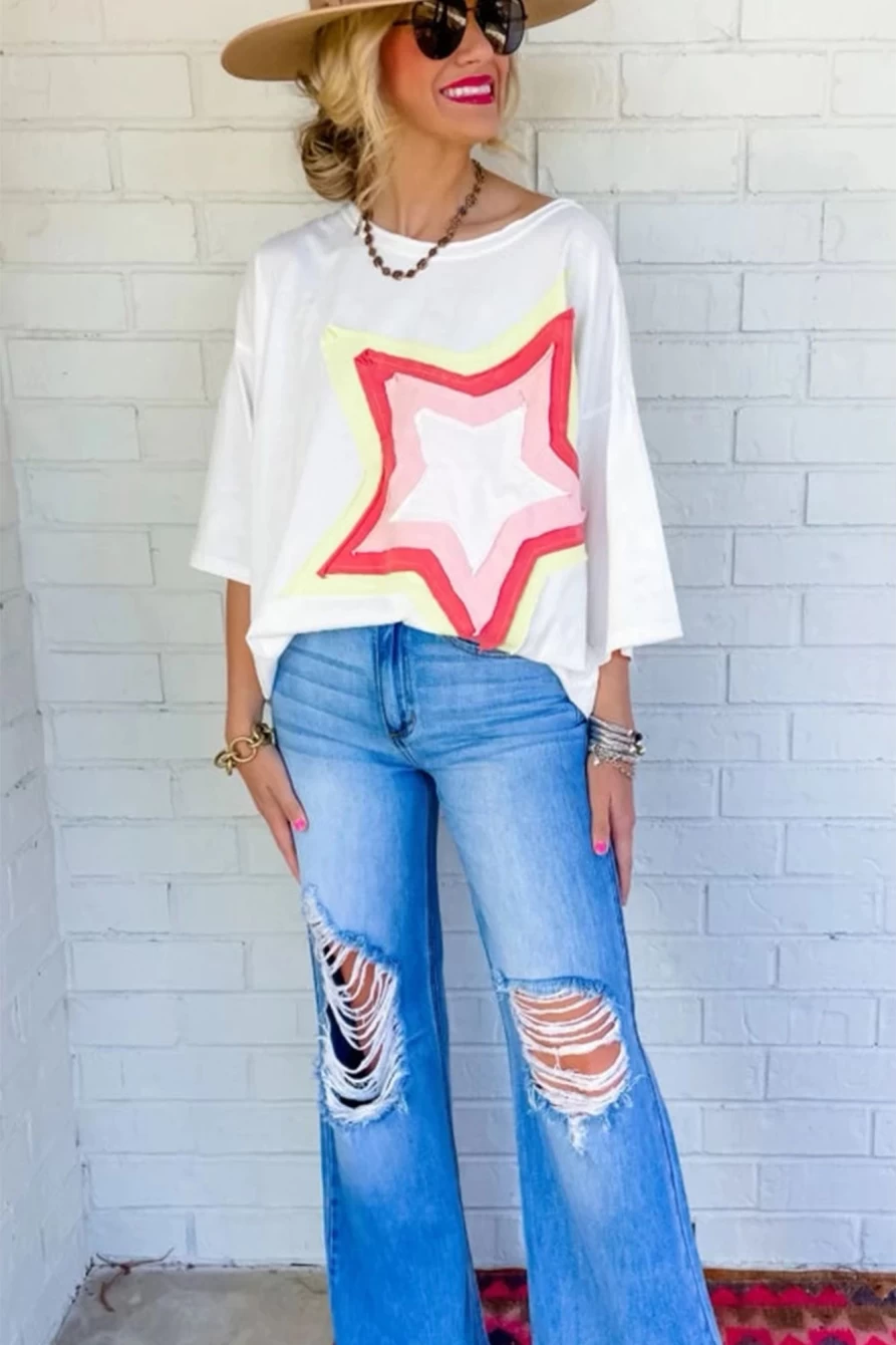 Shewin Women's White Colorblock Star Patched Oversized Half Sleeve Tee