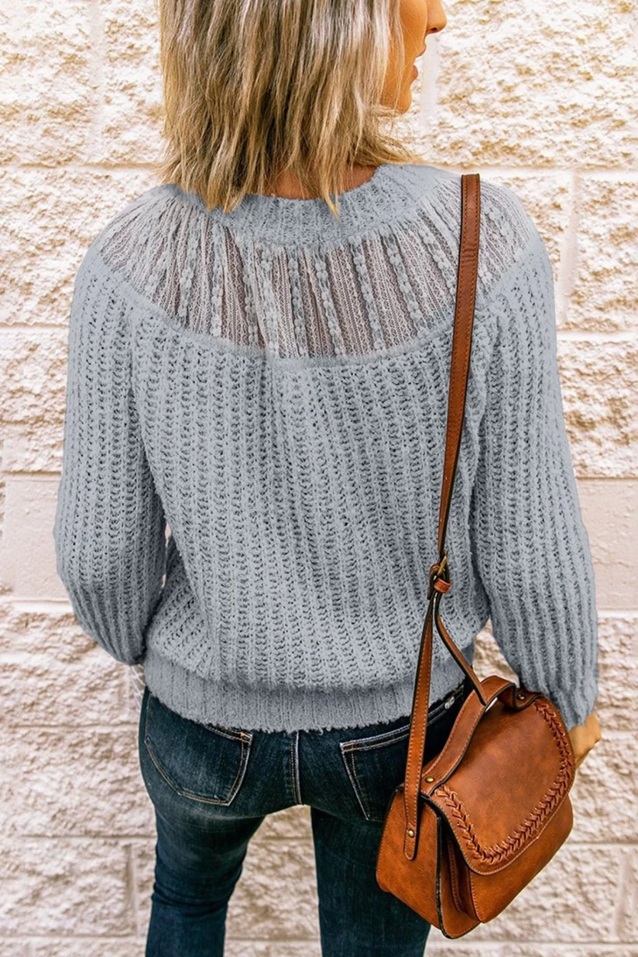 Shewin Women's Gray Round Neck Lace Knit Sweater - Elegant Splicing Detail