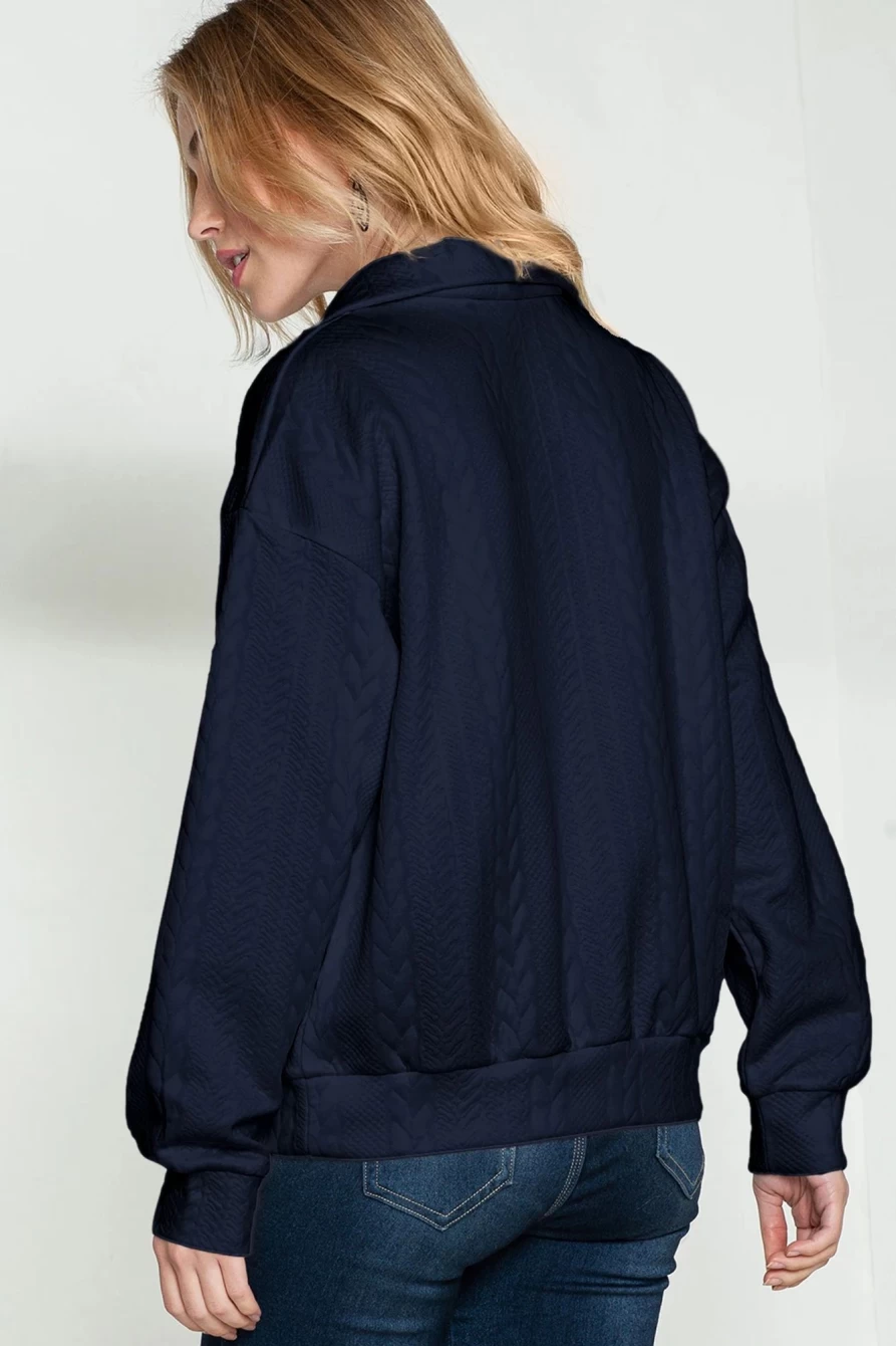 Shewin Women's Casual Textured 1/4 Zipper Pullover Sweatshirt in Black & Blue