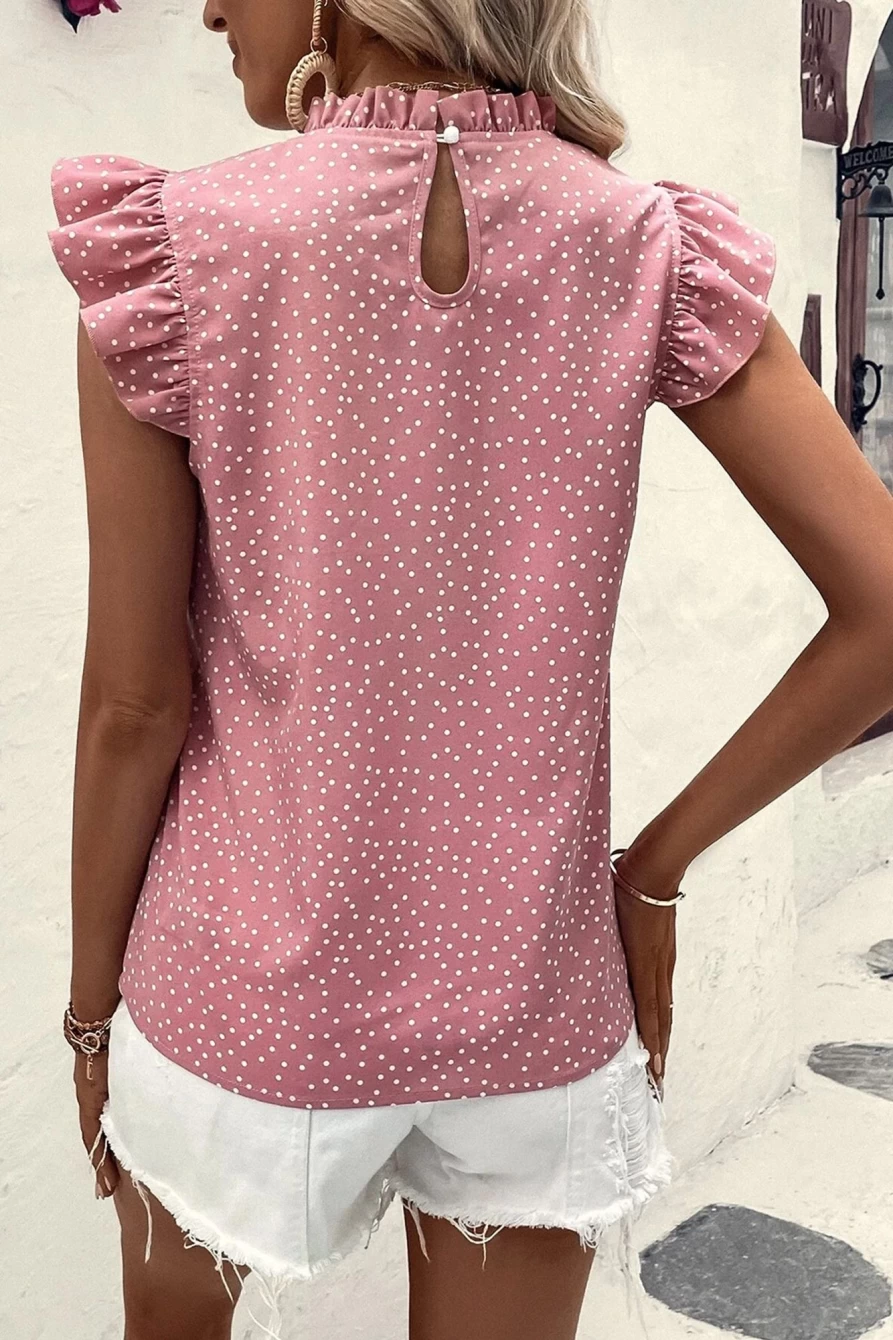 Shewin Women's Pink Polka Dot Blouse with Frilled Neck and Ruffle Trim