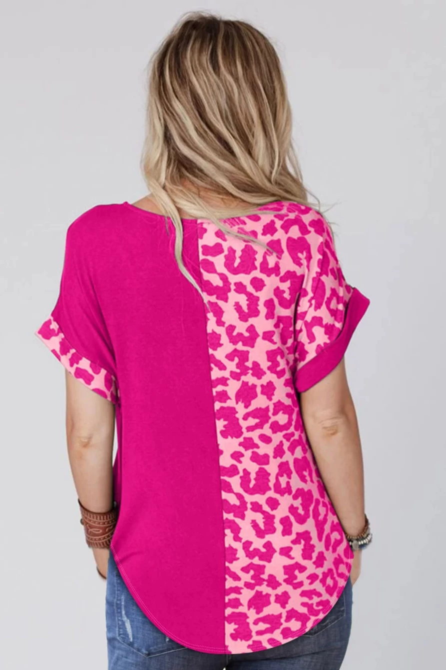 "SheWin Women's Rose Color Block Leopard Print Casual T-Shirt with Rolled Up Sleeves"